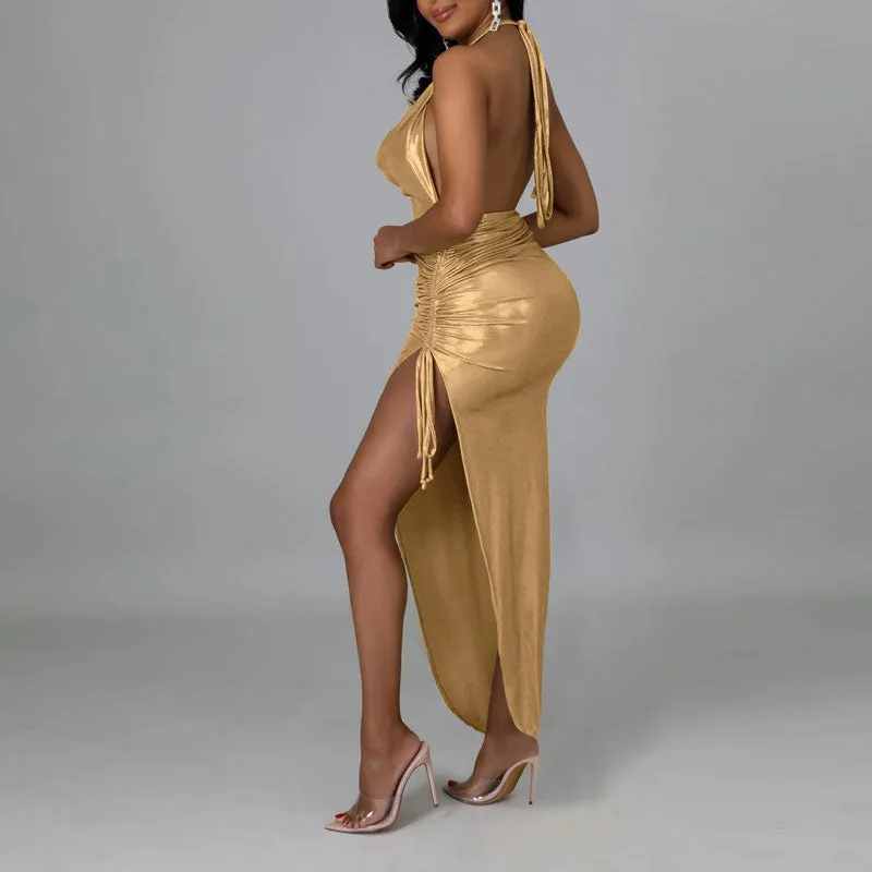 Solid Cowl Neck Halter Drawstring Party Dress