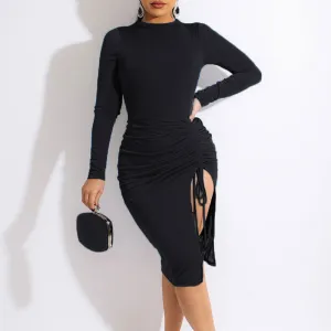 Solid Long Sleeve Drawstring Bodycon Dress