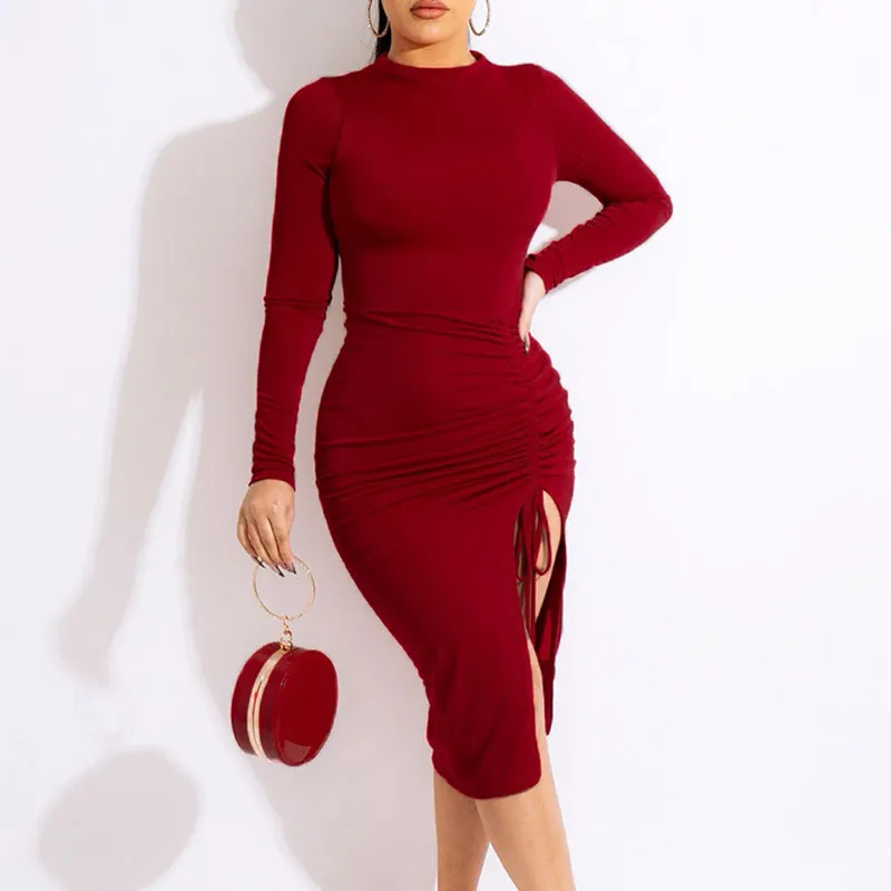 Solid Long Sleeve Drawstring Bodycon Dress