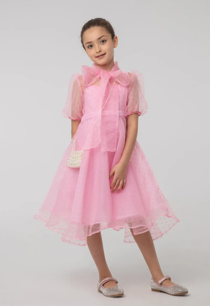 Solid Sheer Bow Tie Neck Flare Puff Dress And Cami Sets
