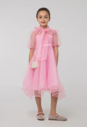 Solid Sheer Bow Tie Neck Flare Puff Dress And Cami Sets