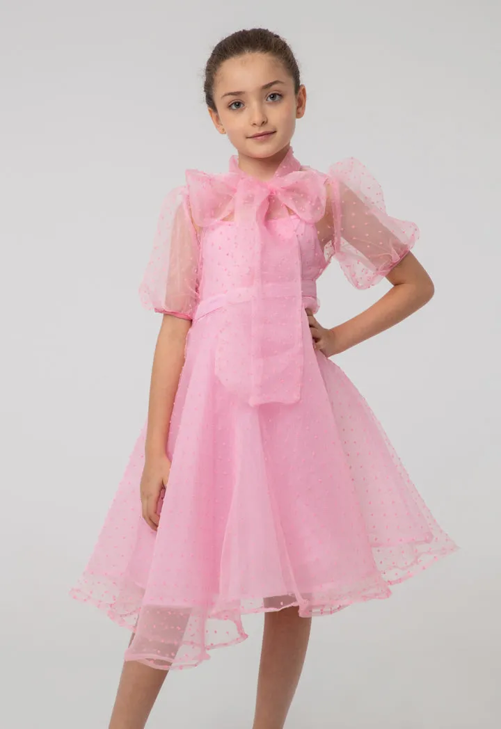 Solid Sheer Bow Tie Neck Flare Puff Dress And Cami Sets