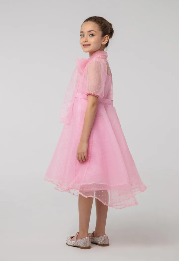 Solid Sheer Bow Tie Neck Flare Puff Dress And Cami Sets
