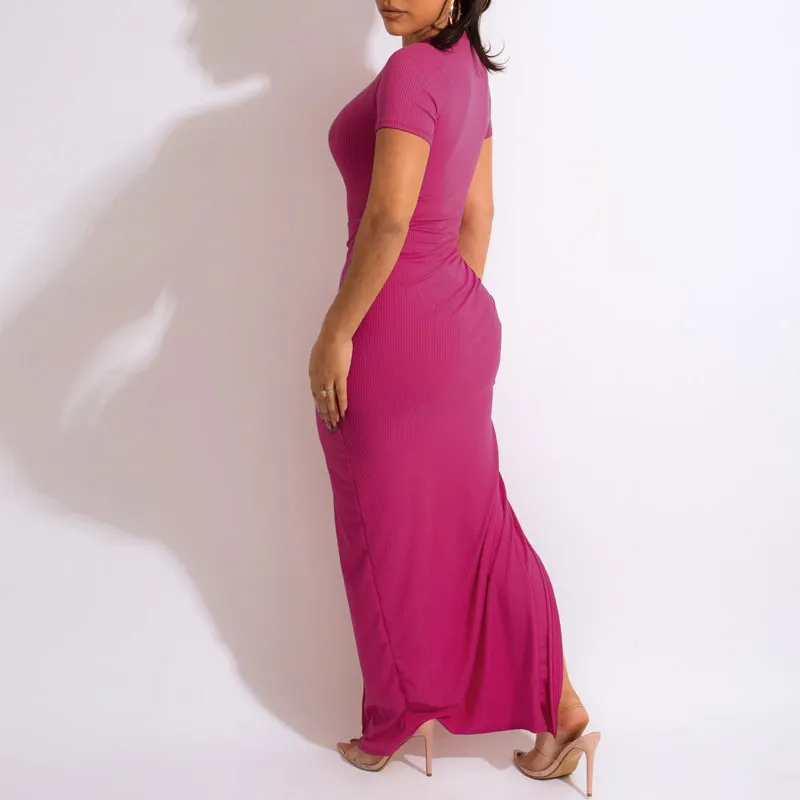 Solid Short Sleeve Drawstring Maxi Dress