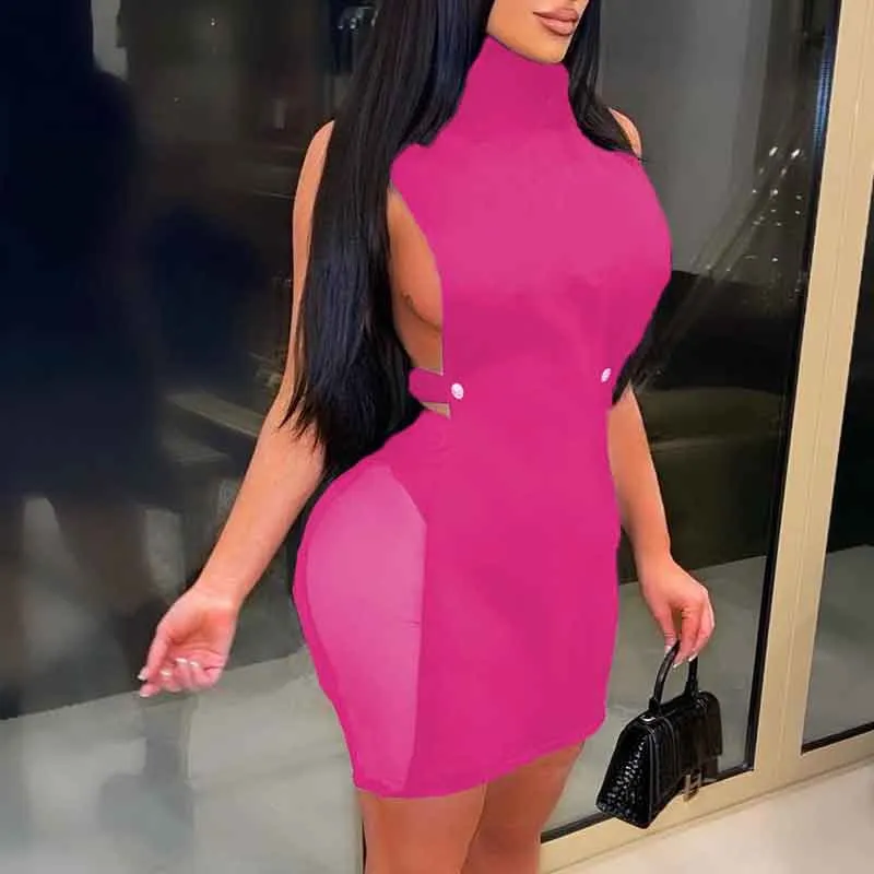 Solid Turtleneck Sleeveless Cut Out Sheer Mesh Mini Dress