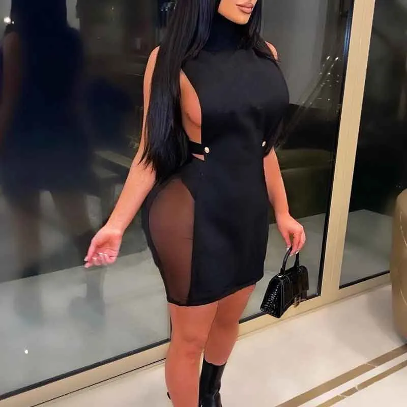 Solid Turtleneck Sleeveless Cut Out Sheer Mesh Mini Dress