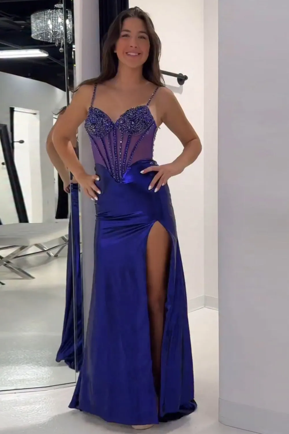 Sparkly Golden Metallic Mermaid Corset Long Prom Dress with Slit