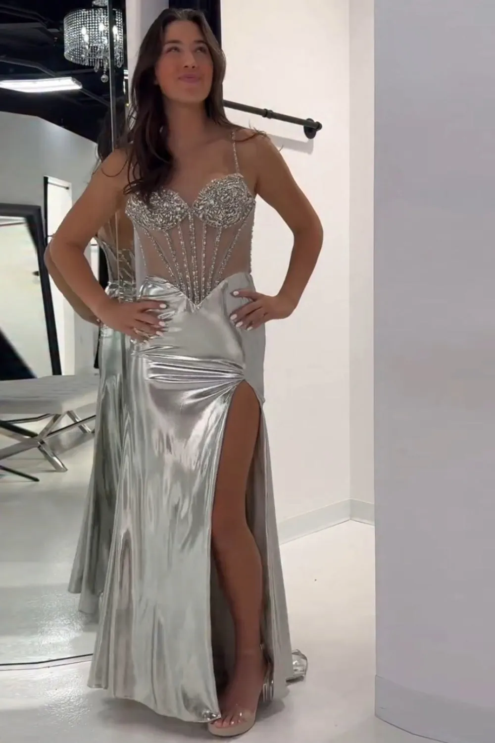 Sparkly Golden Metallic Mermaid Corset Long Prom Dress with Slit
