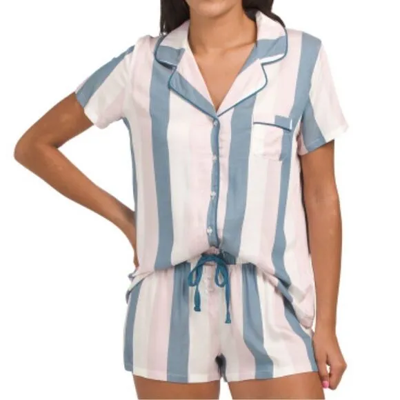 SPLENDID M-L Waterfall Stripe Satin Notch Collar Top &amp; Shorts PJ Set