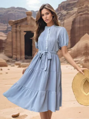 Stand Collar Midi Dress with Pleated Short Sleeves and Lace-Up Waist