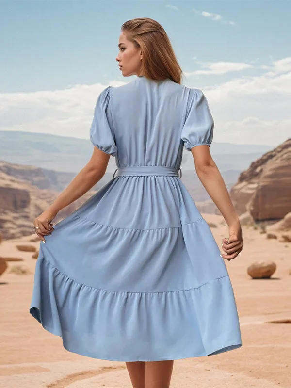 Stand Collar Midi Dress with Pleated Short Sleeves and Lace-Up Waist
