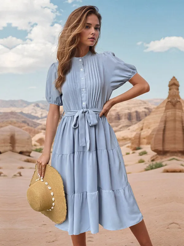 Stand Collar Midi Dress with Pleated Short Sleeves and Lace-Up Waist