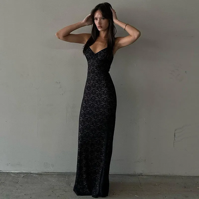 Sultry Backless Lace Suspender Maxi Dress with Sheer Elegance