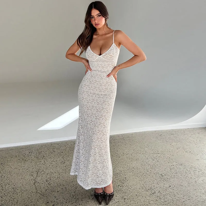 Sultry Backless Lace Suspender Maxi Dress with Sheer Elegance