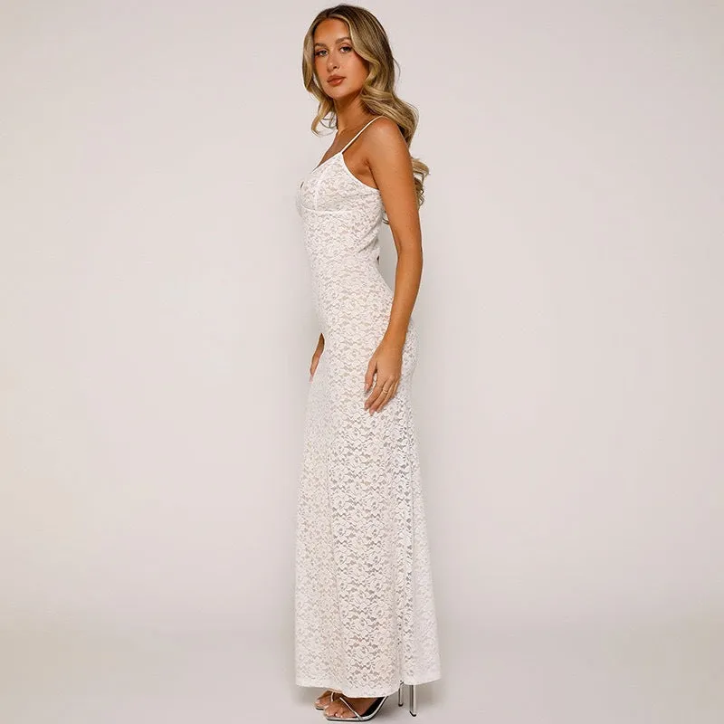 Sultry Backless Lace Suspender Maxi Dress with Sheer Elegance