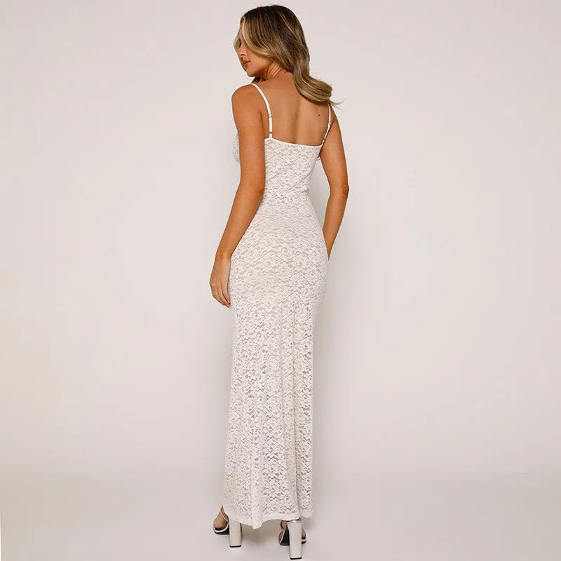 Sultry Backless Lace Suspender Maxi Dress with Sheer Elegance