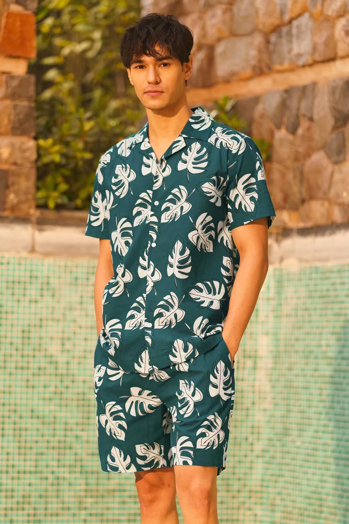 Teal Digital Leaf Print Shorts