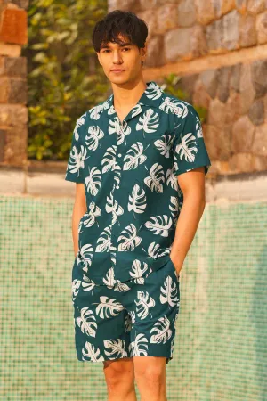 Teal Digital Leaf Print Shorts