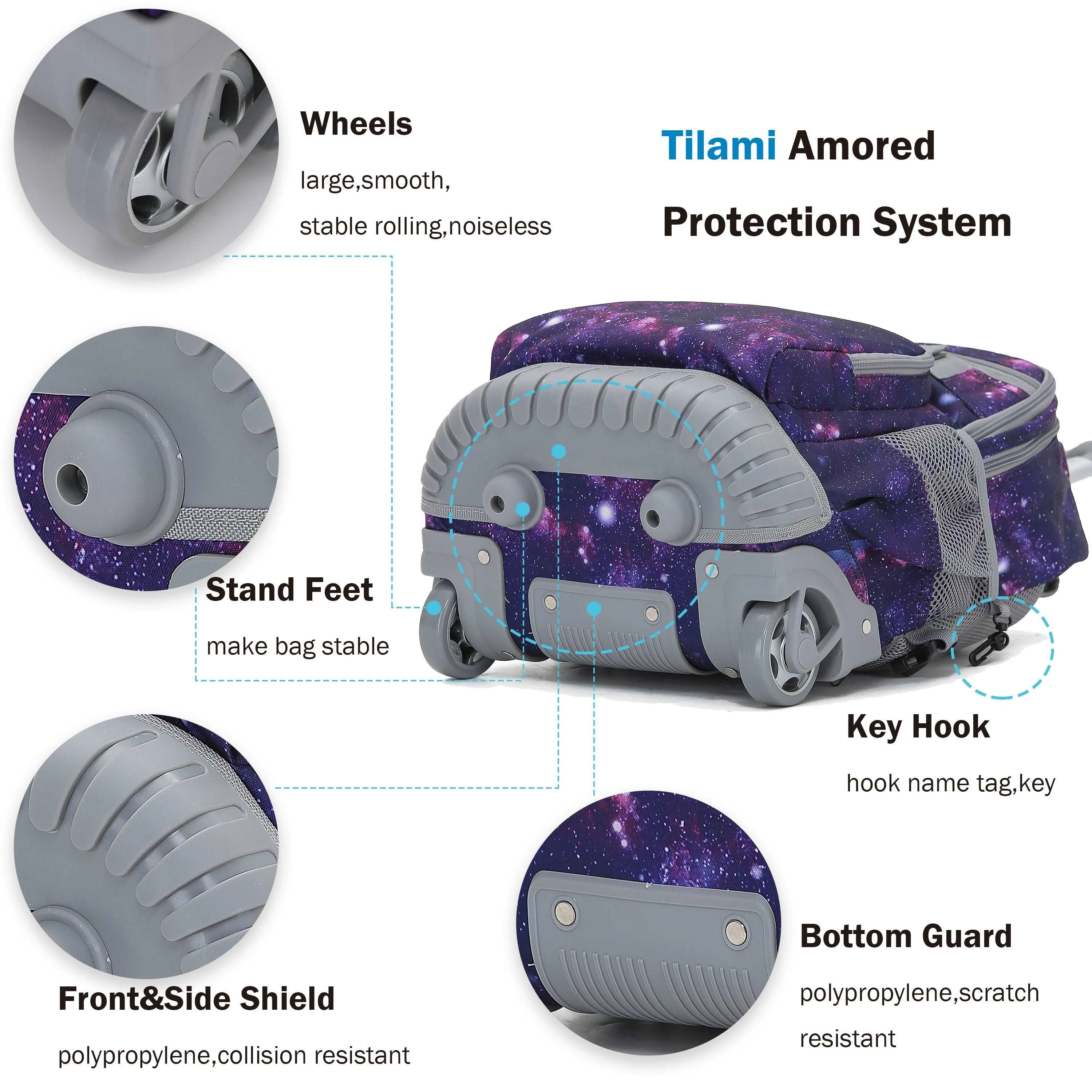 Tilami 18-inch Deep Galaxy Rolling Backpack for Kids