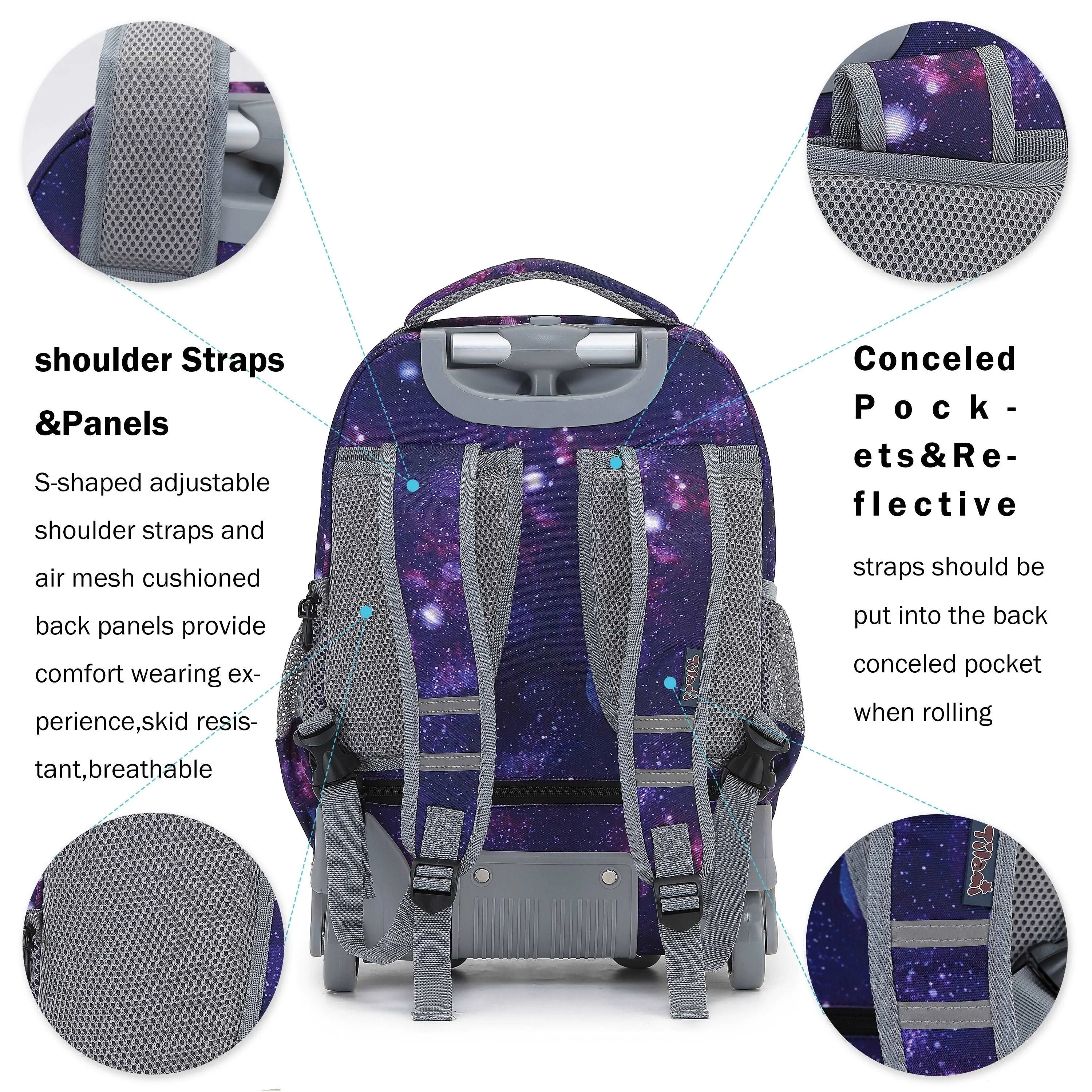Tilami 18-inch Deep Galaxy Rolling Backpack for Kids