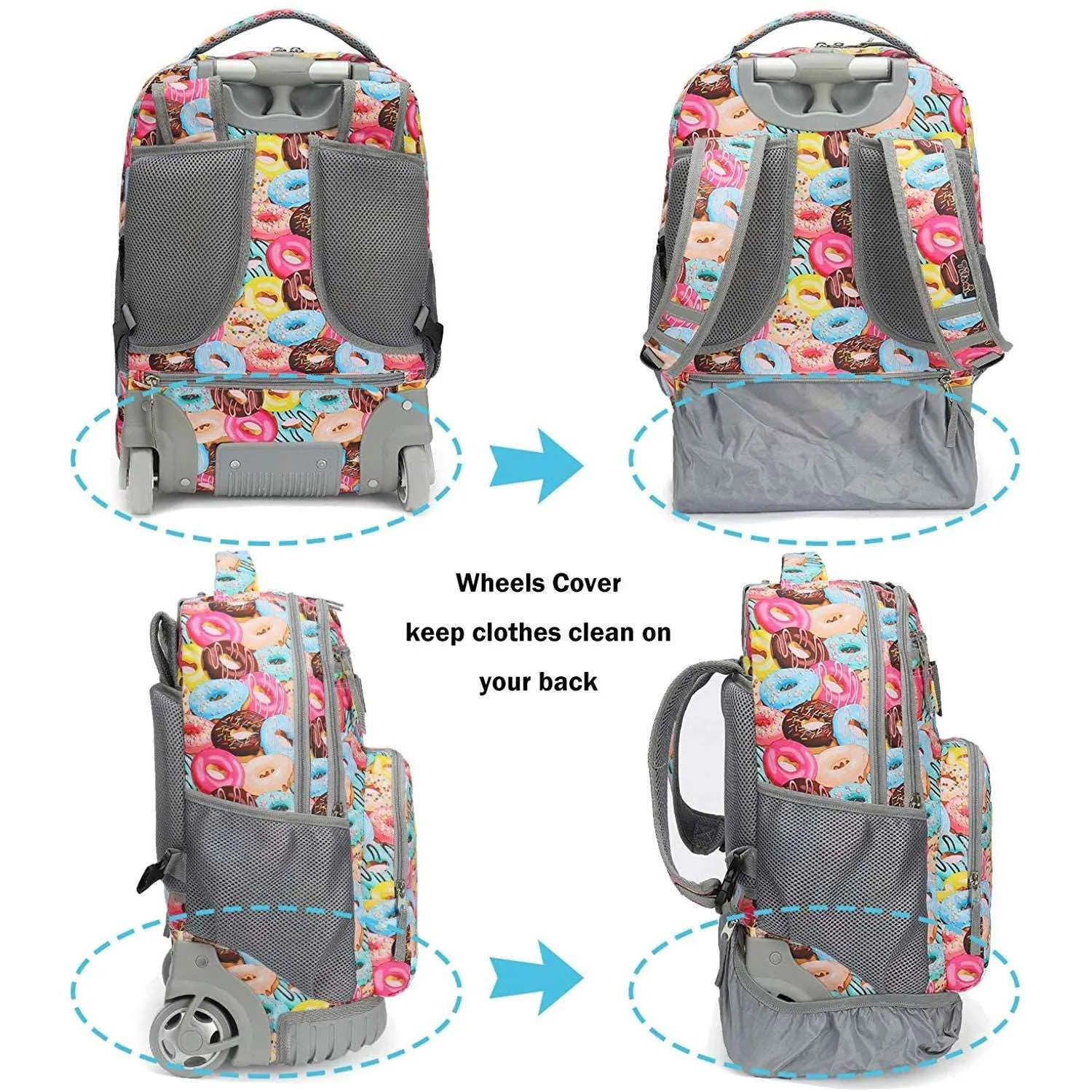 Tilami Pink Doughnut Kids Rolling Backpack 18 inch Wheeled Backpack