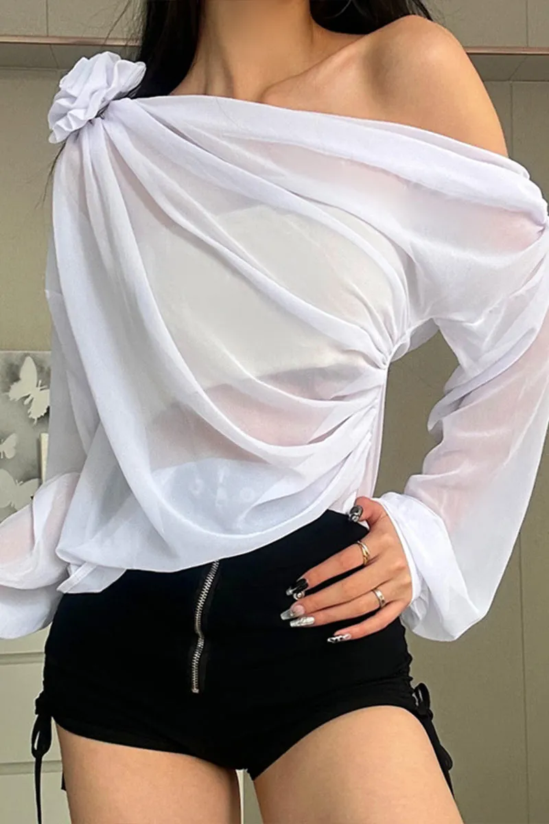 TK736 Floral Adorned One Shoulder Mesh Long Sleeve Top