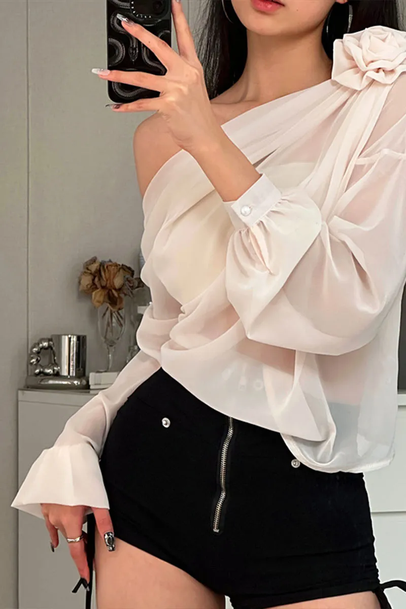 TK736 Floral Adorned One Shoulder Mesh Long Sleeve Top