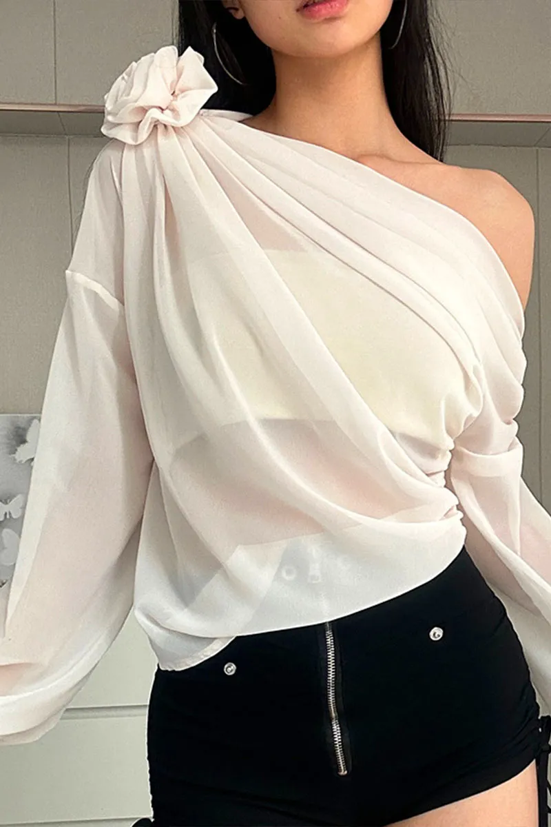 TK736 Floral Adorned One Shoulder Mesh Long Sleeve Top