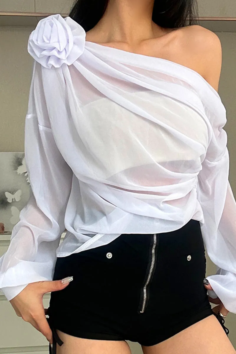 TK736 Floral Adorned One Shoulder Mesh Long Sleeve Top