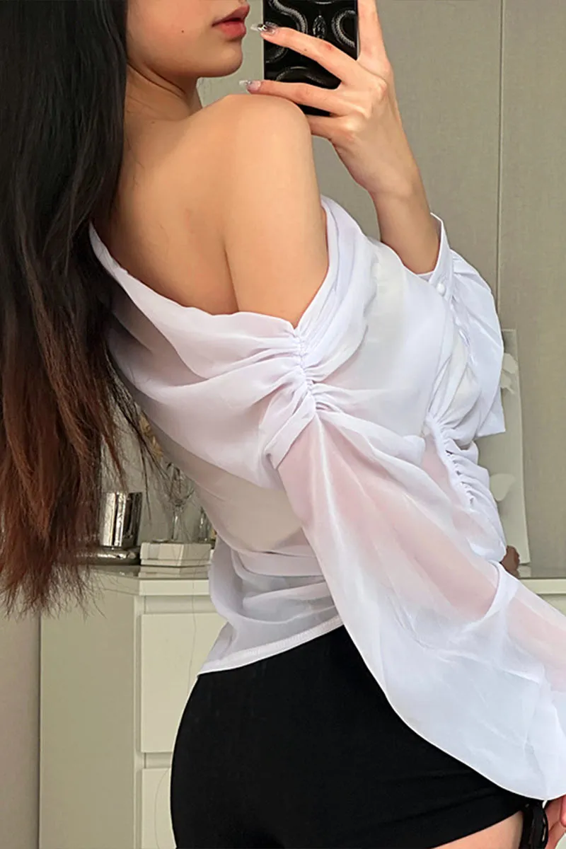 TK736 Floral Adorned One Shoulder Mesh Long Sleeve Top