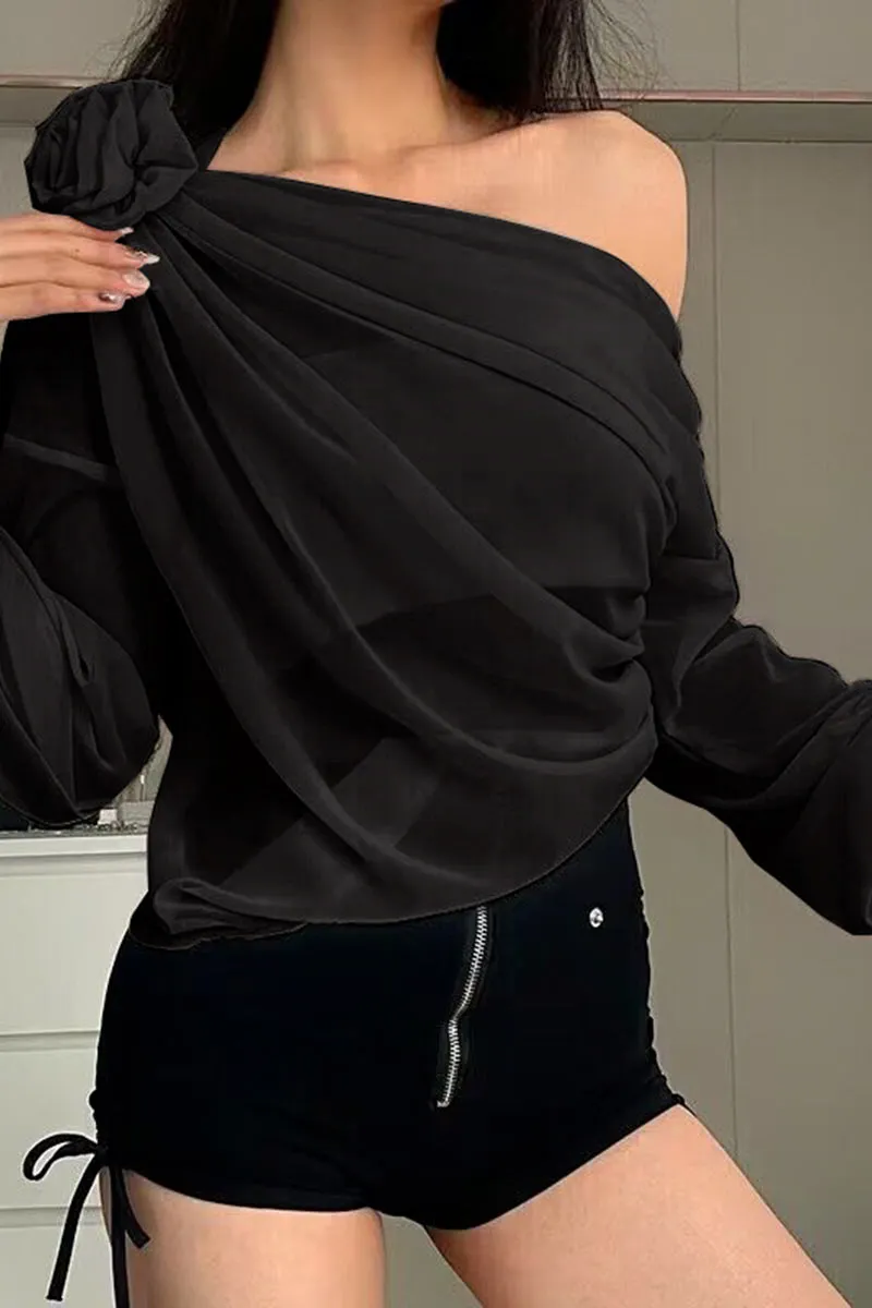 TK736 Floral Adorned One Shoulder Mesh Long Sleeve Top