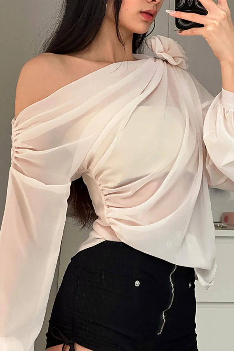 TK736 Floral Adorned One Shoulder Mesh Long Sleeve Top