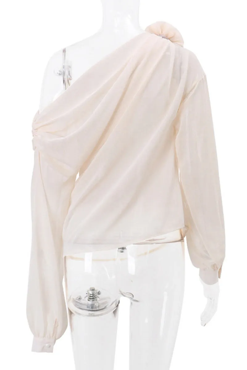 TK736 Floral Adorned One Shoulder Mesh Long Sleeve Top