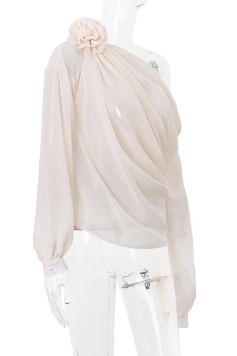 TK736 Floral Adorned One Shoulder Mesh Long Sleeve Top