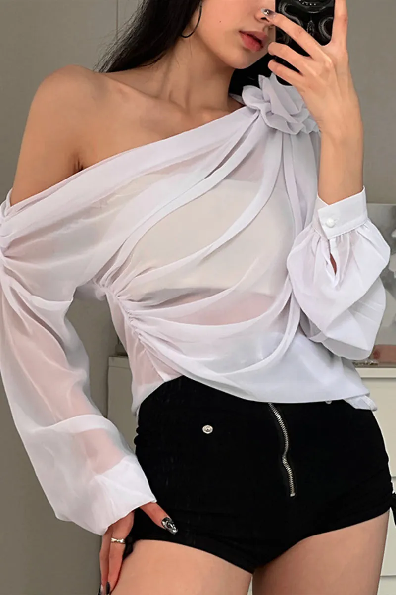 TK736 Floral Adorned One Shoulder Mesh Long Sleeve Top
