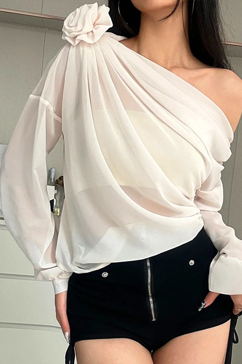 TK736 Floral Adorned One Shoulder Mesh Long Sleeve Top