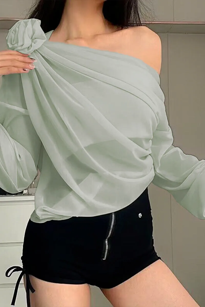 TK736 Floral Adorned One Shoulder Mesh Long Sleeve Top
