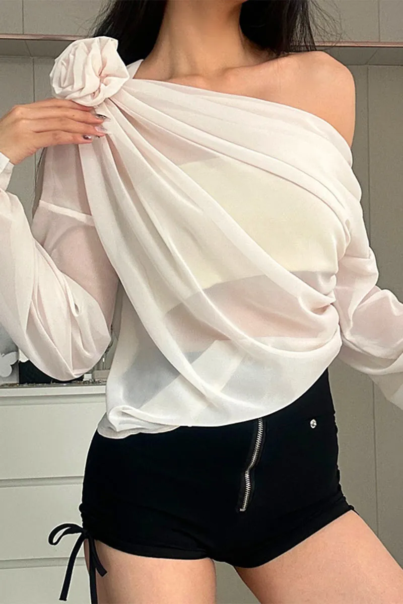 TK736 Floral Adorned One Shoulder Mesh Long Sleeve Top