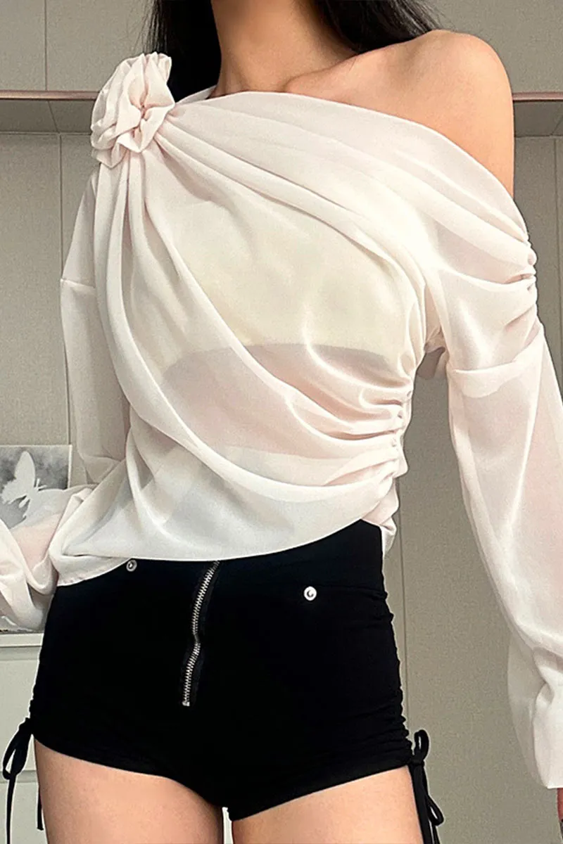 TK736 Floral Adorned One Shoulder Mesh Long Sleeve Top
