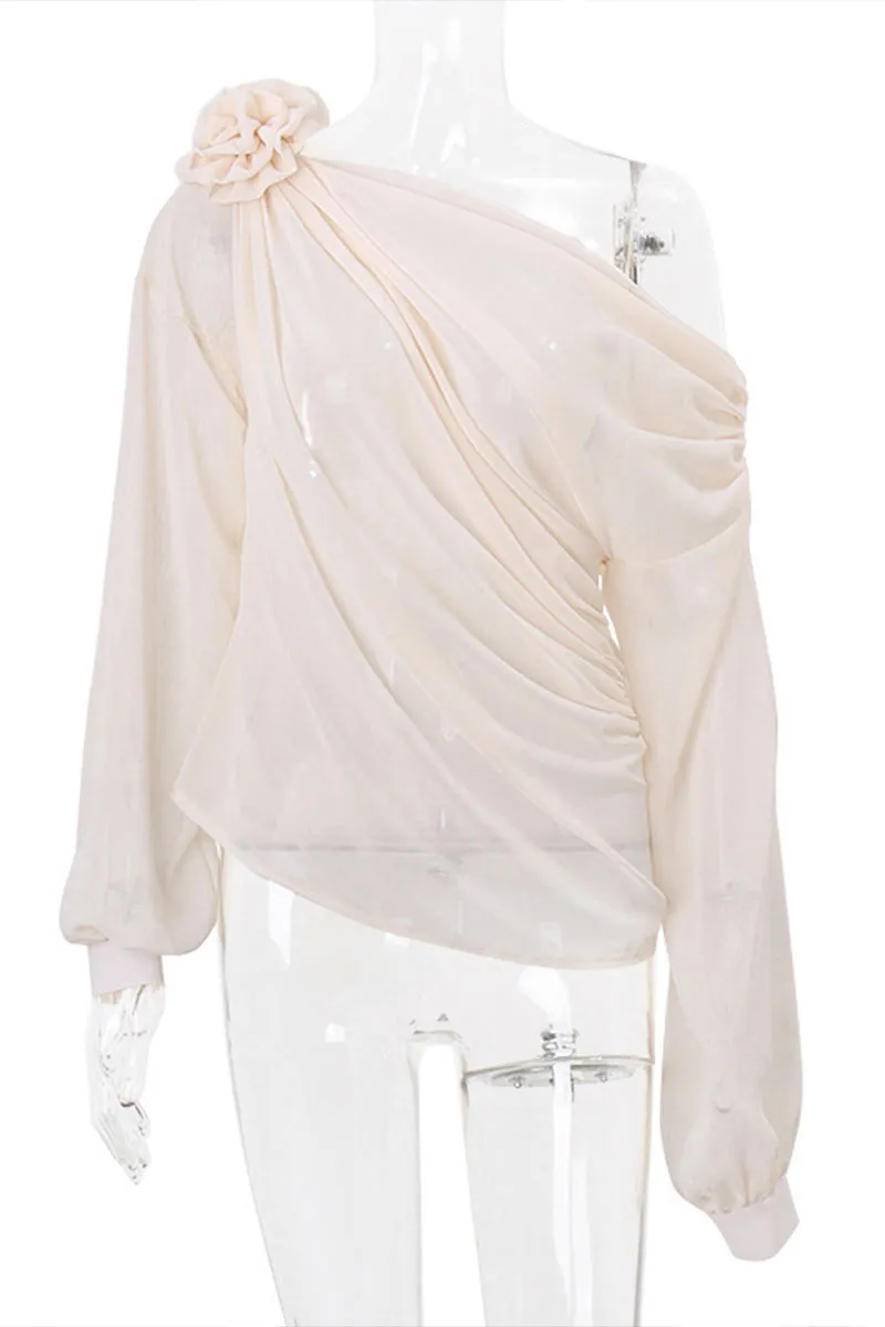 TK736 Floral Adorned One Shoulder Mesh Long Sleeve Top