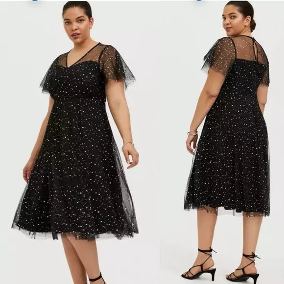 Torrid NEW Special Occasion Black Mesh Iridescent Star Midi Dress Sz 18 Plus