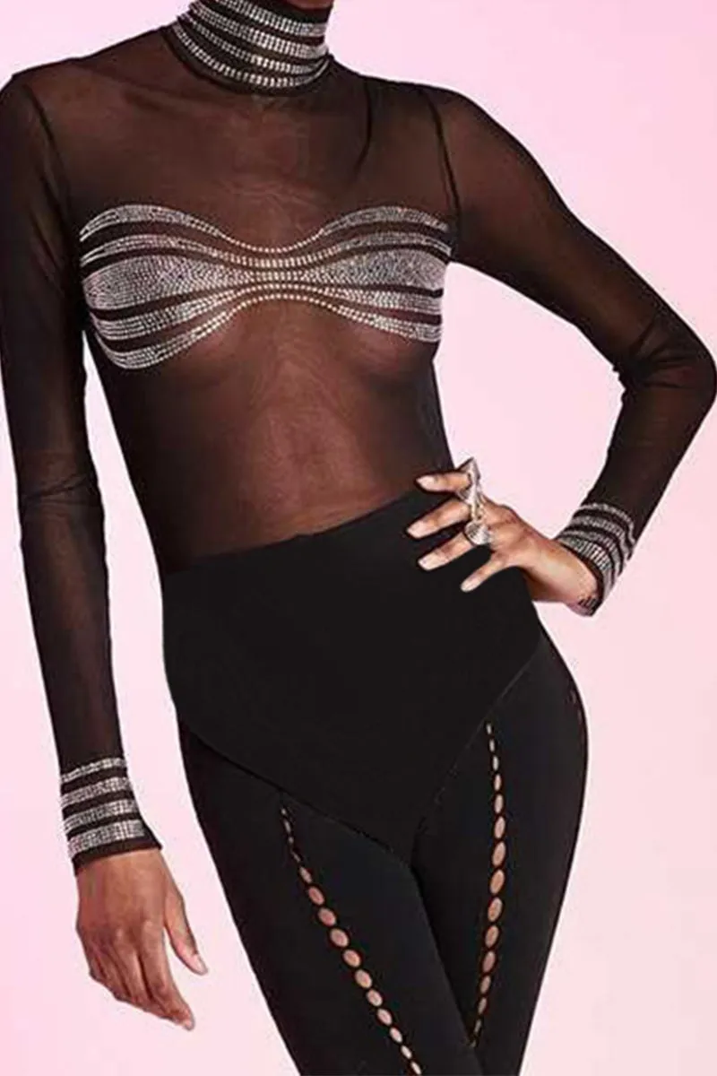 TS3287 Rhinestones Sheer Bodysuit Top