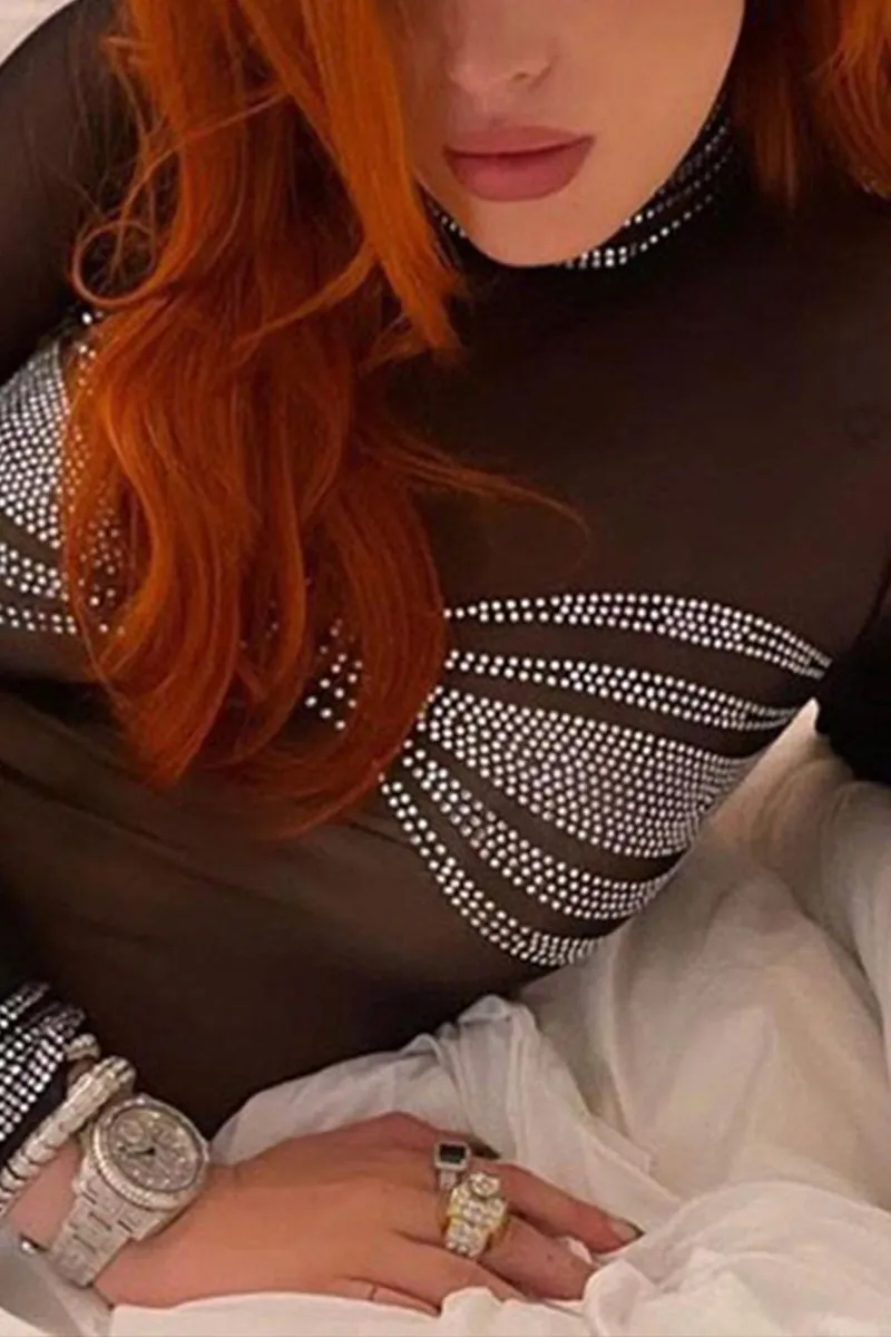 TS3287 Rhinestones Sheer Bodysuit Top