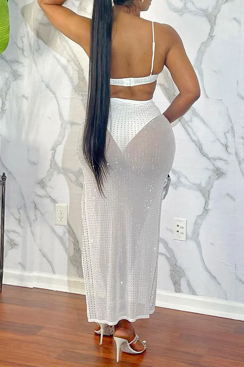 UI0577 Rhinestones Mesh Skirt Set