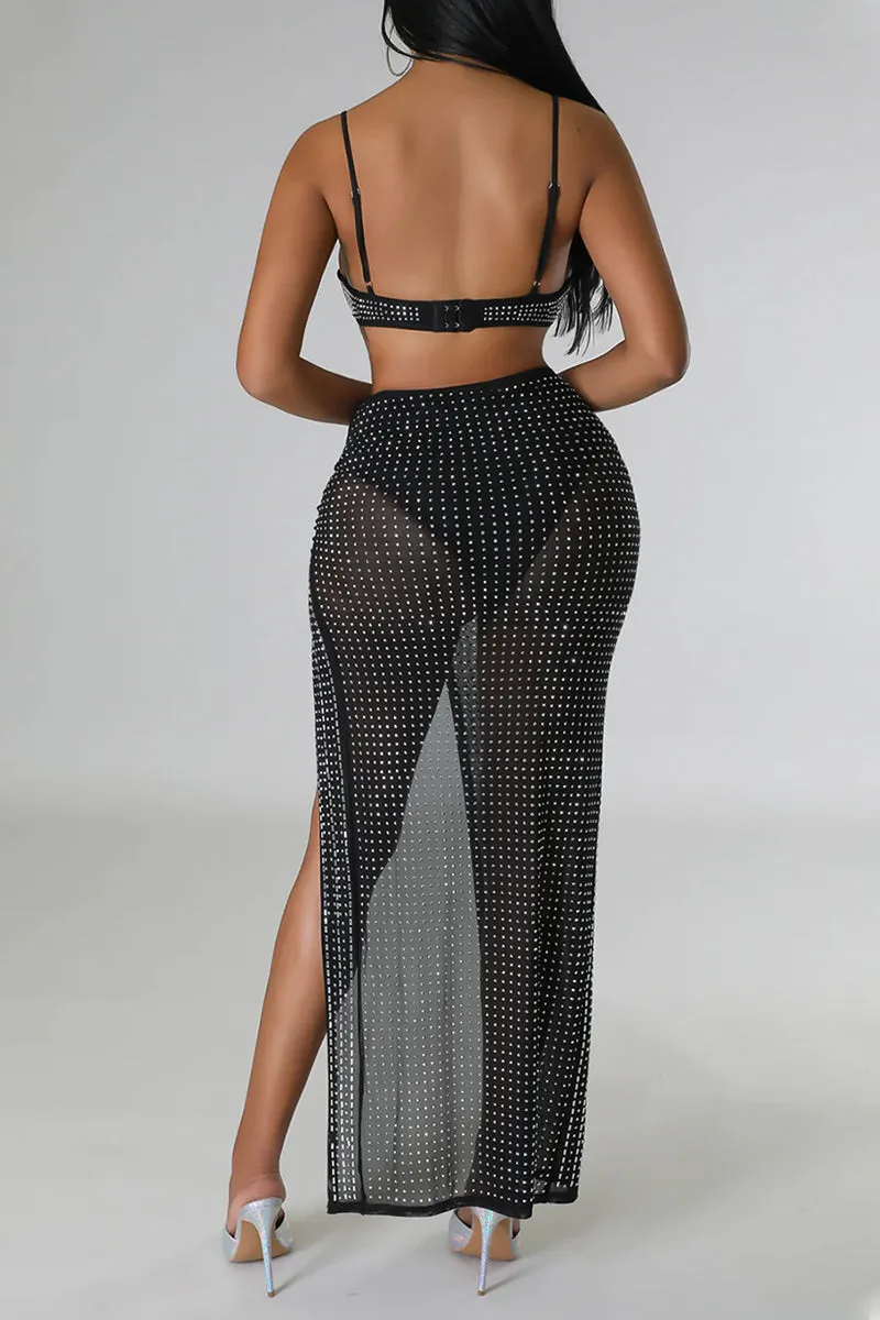 UI0577 Rhinestones Mesh Skirt Set
