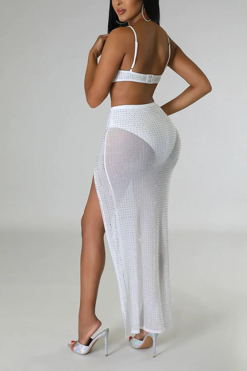 UI0577 Rhinestones Mesh Skirt Set