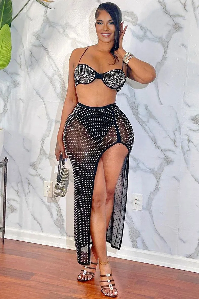 UI0577 Rhinestones Mesh Skirt Set