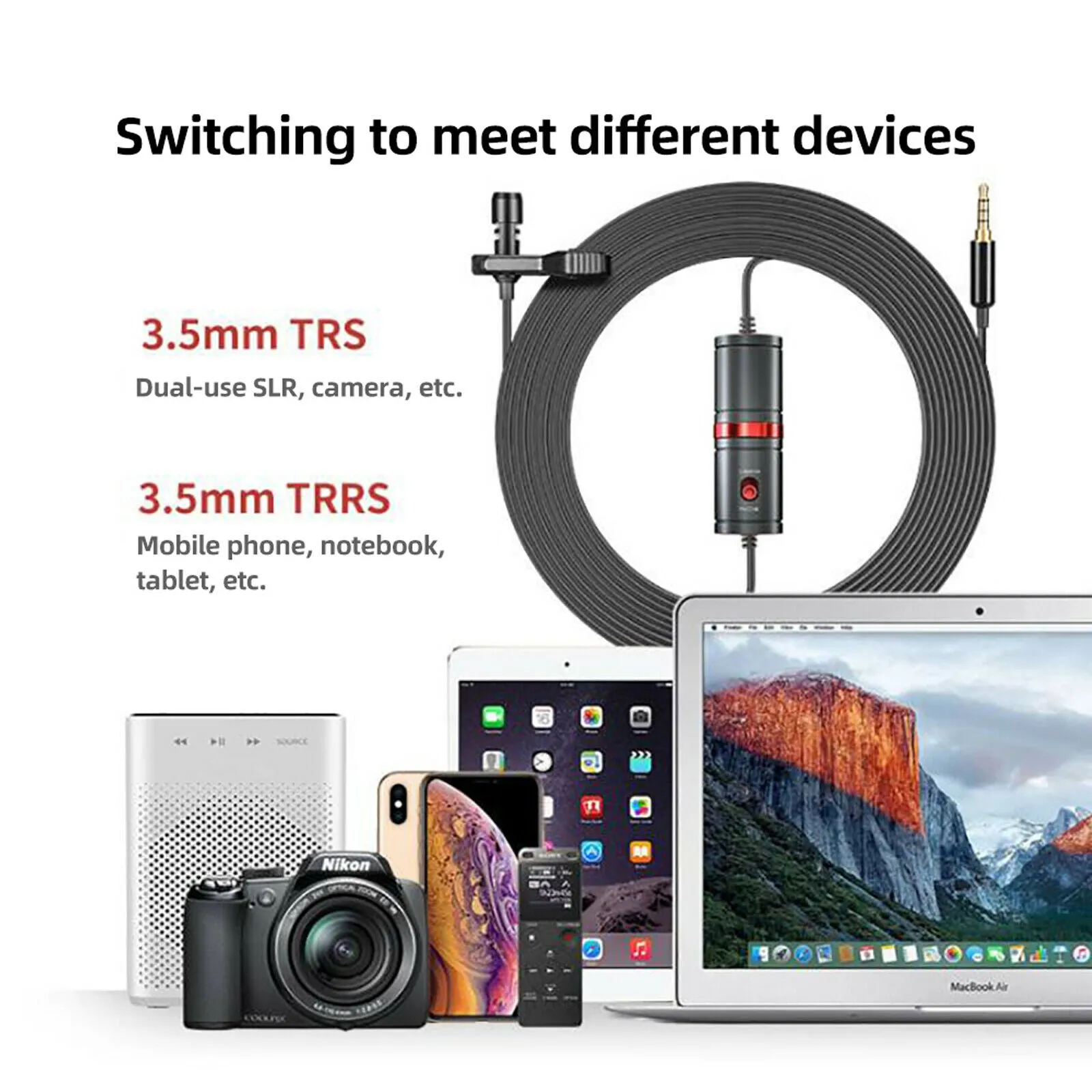 Universal 3.5mm TRS/TRRS Clip on Microphone for DSLR Camera iPhone Samsung Android Laptop