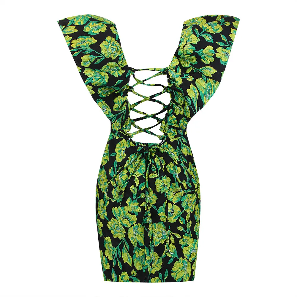V Neck Sleeveless Mini Frill Bodycon Dress
