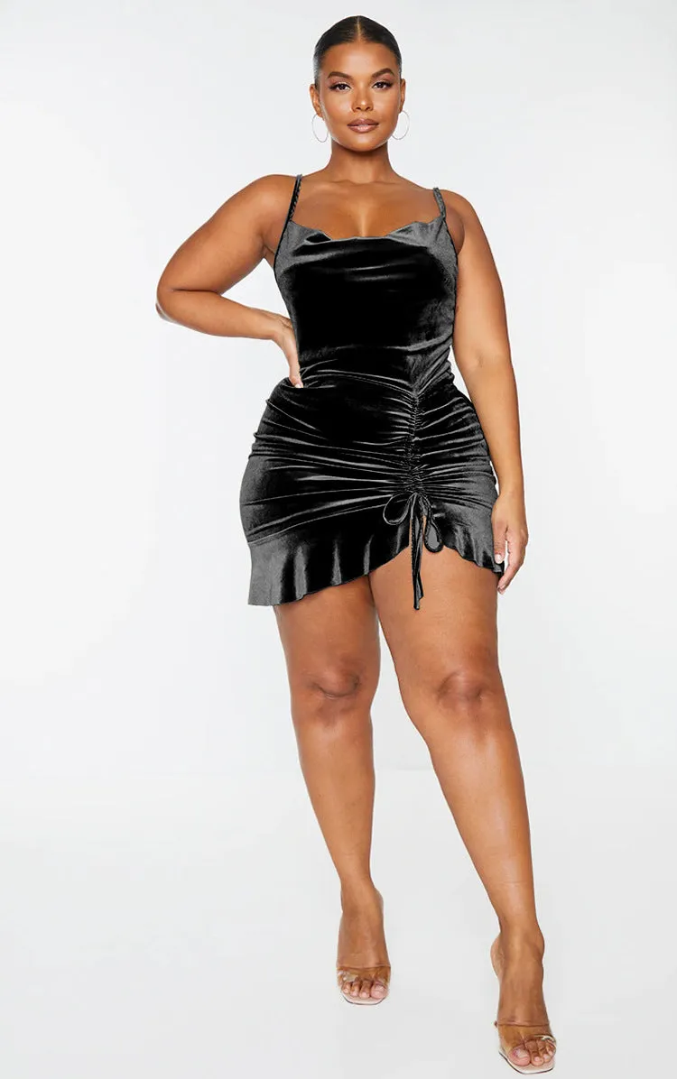 Velvet Bodycon Mini Dress with Adjustable Drawstring and Spaghetti Straps